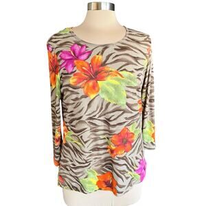 Additions by Chico's Tropical Animal Print 3/4 Sleeve Tee LARGE Vacation Travel